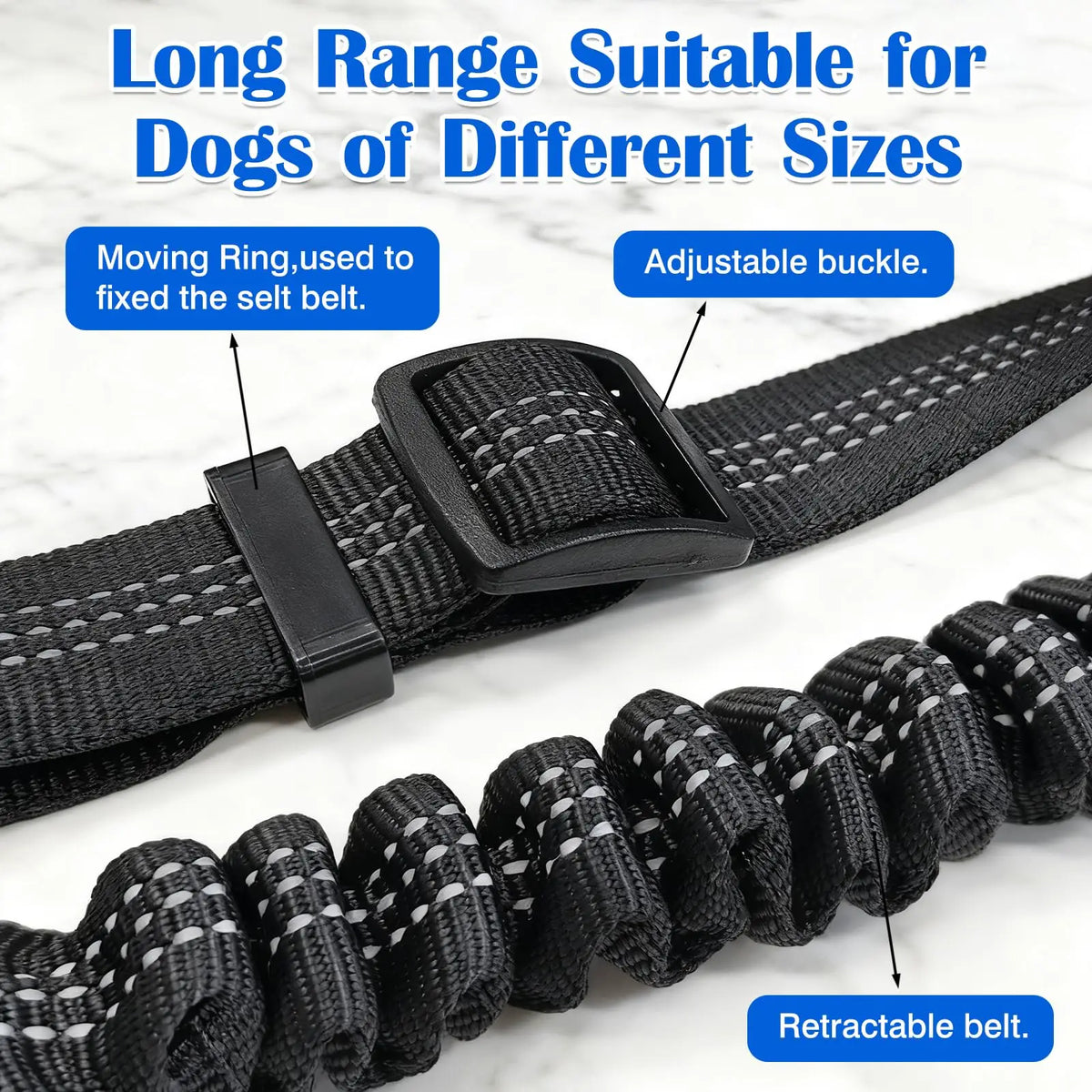 Black adjustable dog car safety belt with reflective strip and a retractable belt
