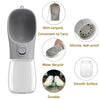 A portable leakproof dog water bottle with a built-in bowl shown with various features like a lanyard, silicone construction,