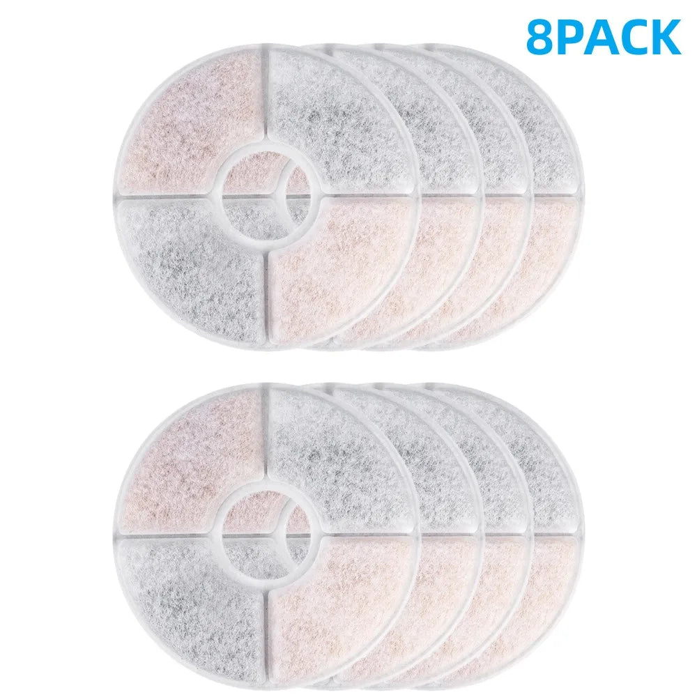 Achtpack Filterdiscs für Hundewasserbrunnen mit rosa und grau strukturierter Oberfläche