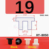 Black and white silicone rubber hole plugs shown next to a dimensioned diagram of an XY-8050 part.