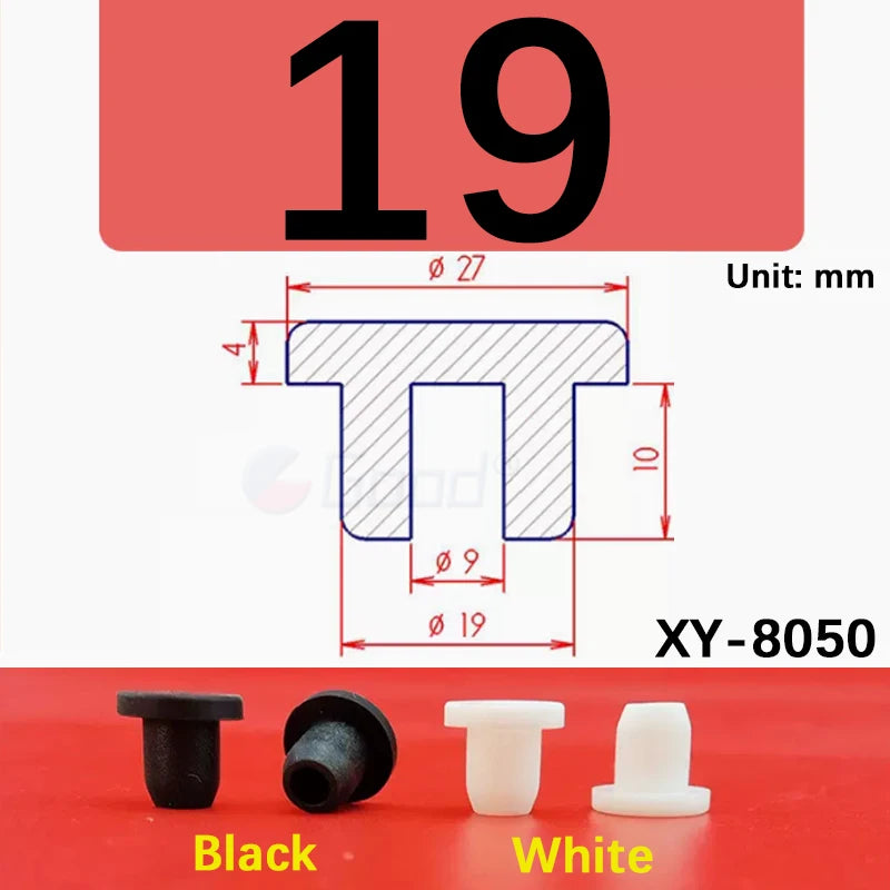 Black and white silicone rubber hole plugs shown next to a dimensioned diagram of an XY-8050 part.