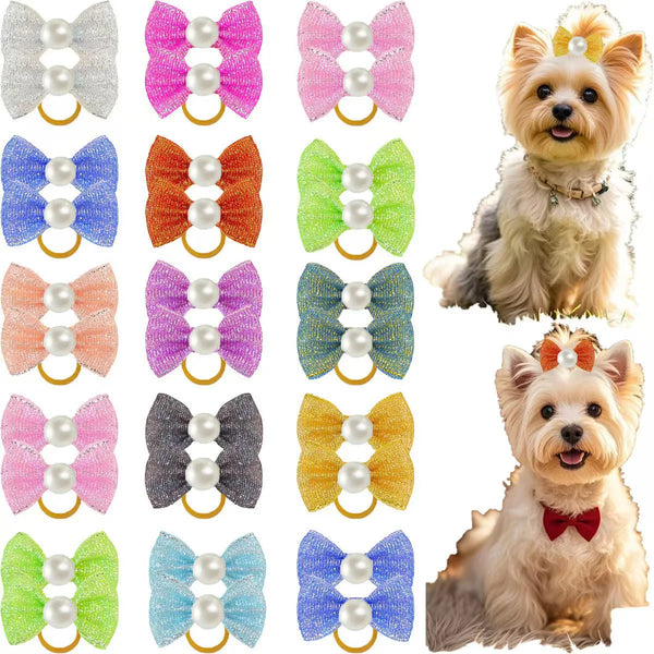 A collection of 30 colorful puppy dog bow knots for pet grooming, featuring various colors and textures.