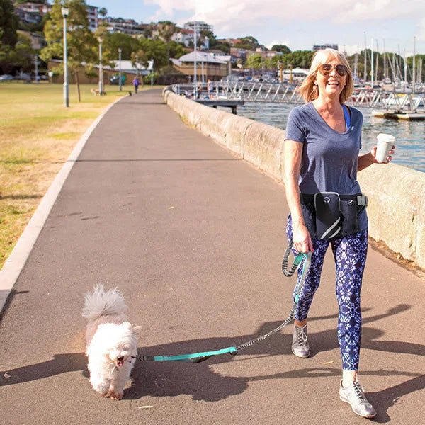A woman walks a fluffy white dog on a hands-free reflective leash along a waterfront path.