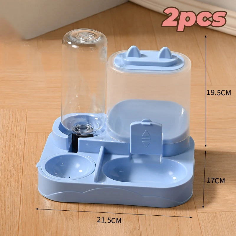 A light blue 2-in-1 automatic pet water and food feeder set with clear containers and a base.
