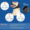 A dog wearing a black head circumference muff, with size options S, M, and L displayed.