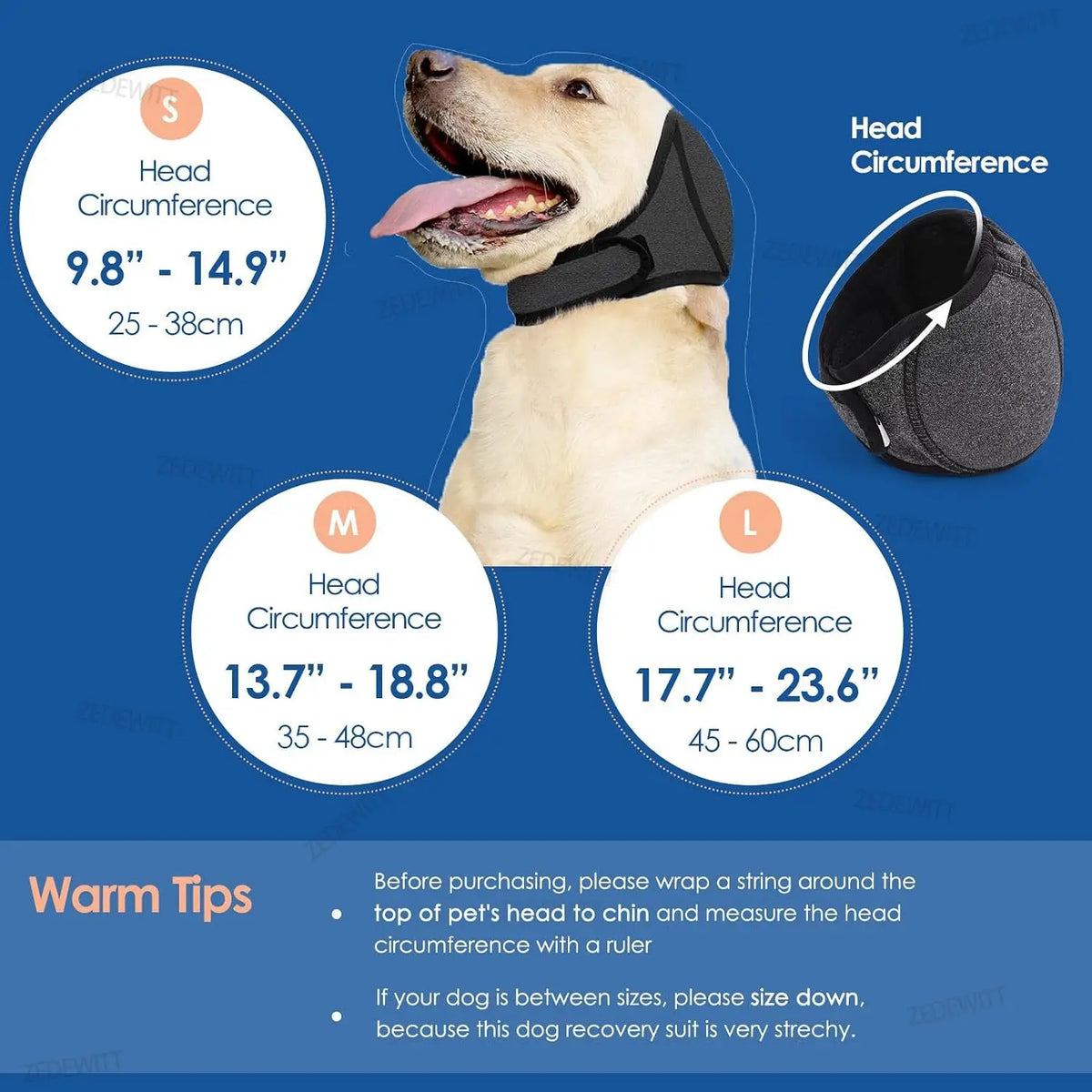 A dog wearing a black head circumference muff, with size options S, M, and L displayed.