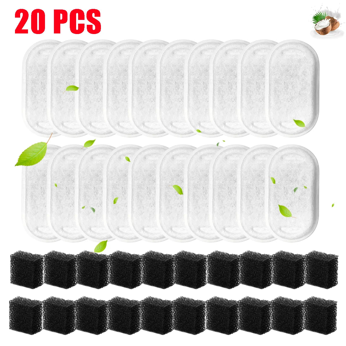 20 pieces of replacement filters for 2.2L pet water fountains, shown in white and black.