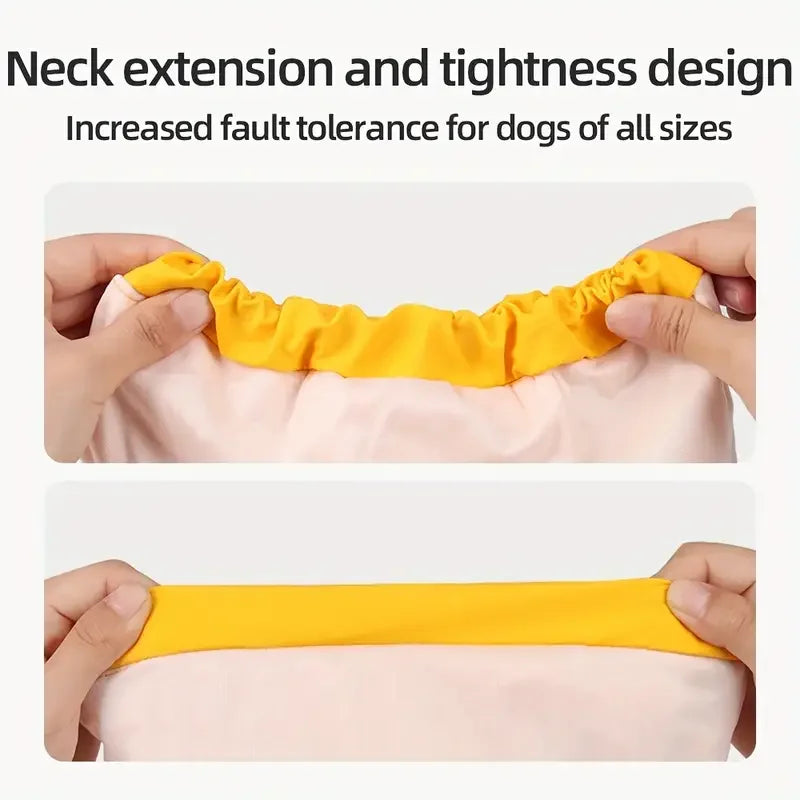 Extensión de cuello amarillo y diseño ajustado en prenda rosa para mascotas.