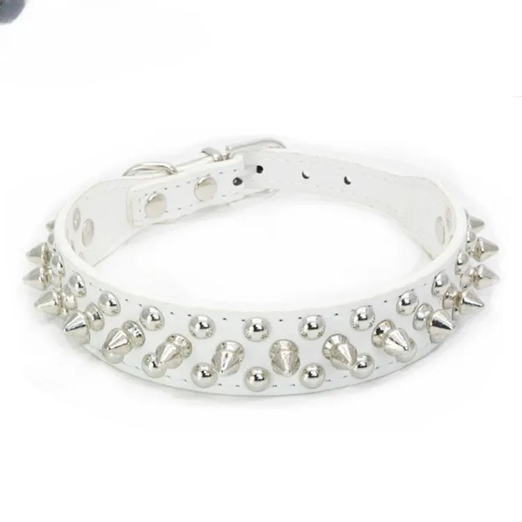 A white leather dog collar with silver spikes and a buckle closure.