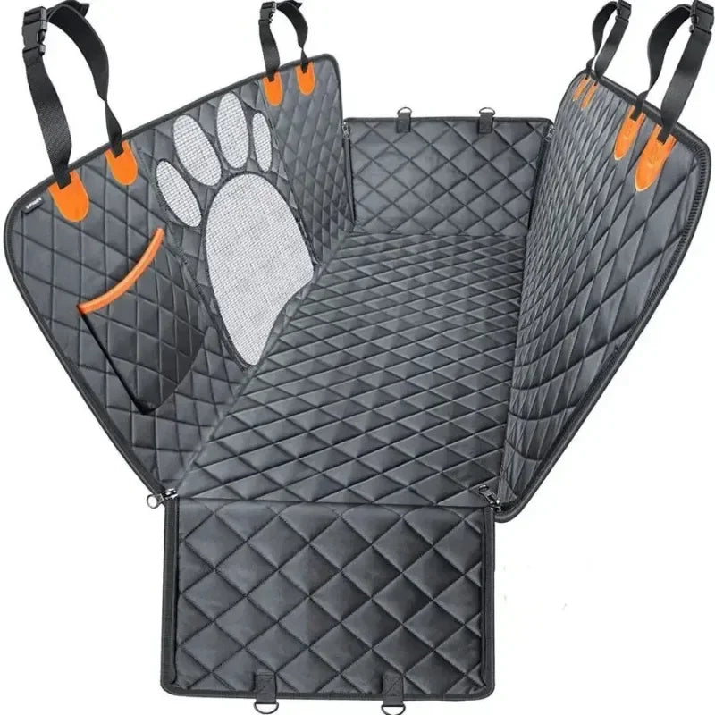 Gray waterproof dog car seat cover with a mesh paw print window and side zippers
