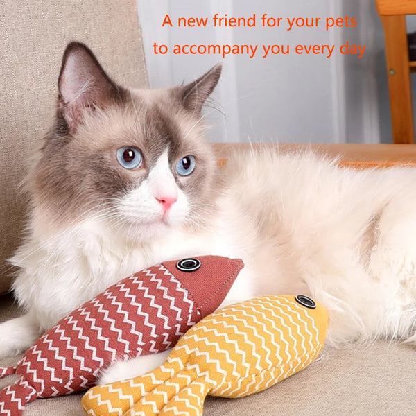 A fluffy gray and white cat is lying down next to several colorful lining cat chew toys.