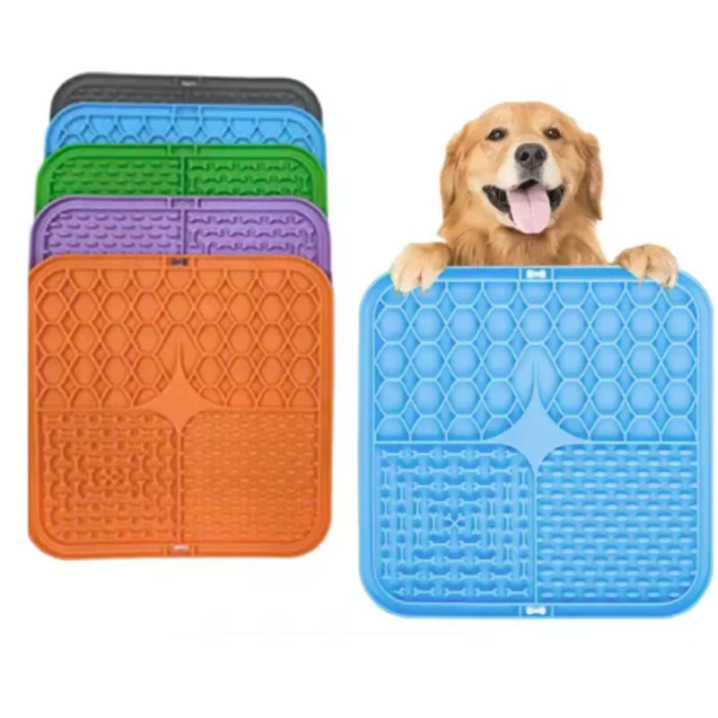 A set of silicone lick mats for dogs in various colors, including green, purple, orange, and blue.
