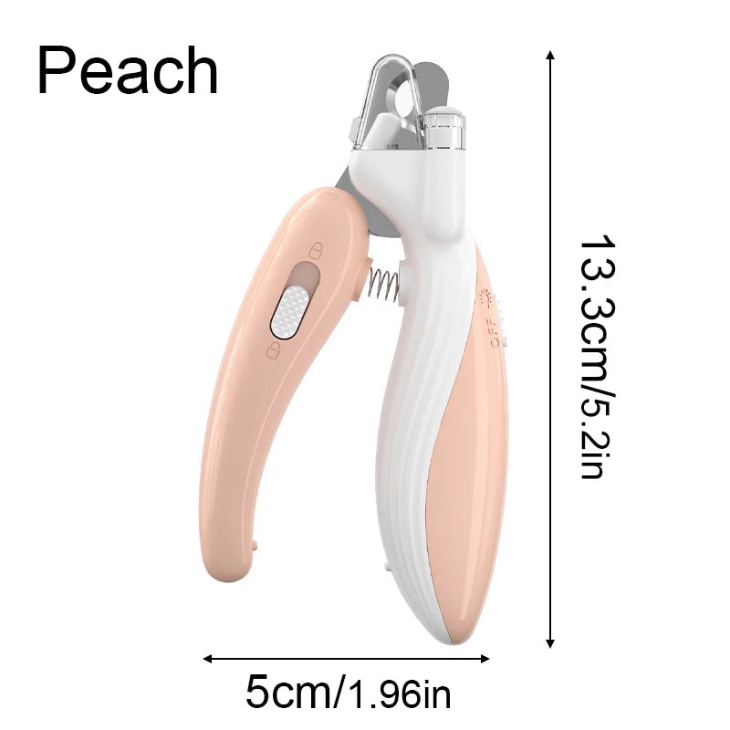 A peach-colored LED pet nail clipper for dogs and cats, shown with its dimensions.
