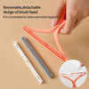 A hand holds an orange silicone pet hair and lint remover tool, showing a removable brush head design.