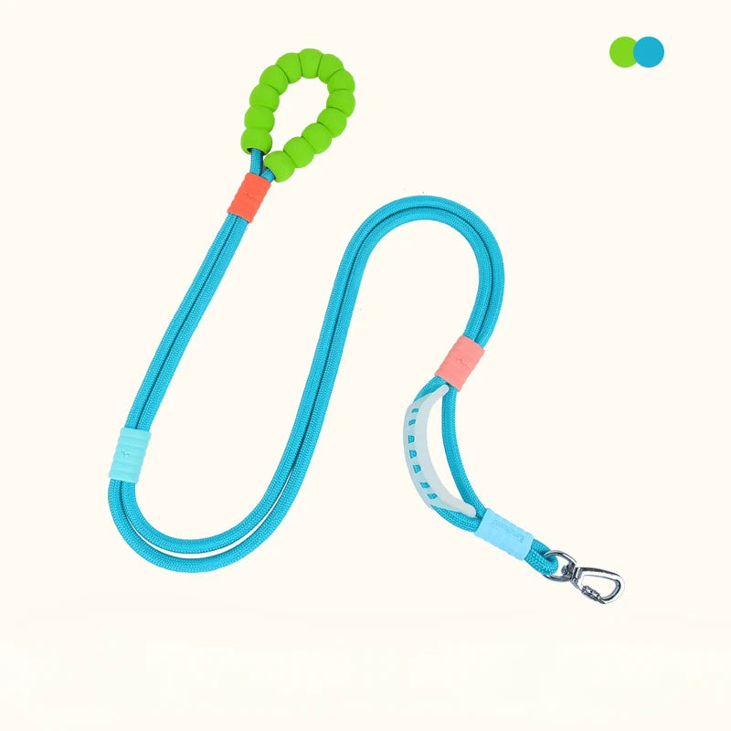 Correa ajustable para perro azul brillante, con collar verde y clip plateado.