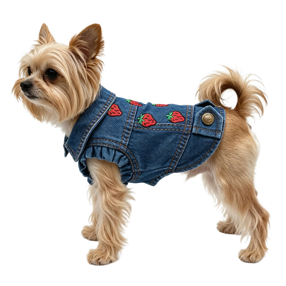 A small, light brown dog wearing a denim pet jacket decorated with red strawberries.