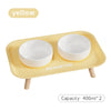 Yellow pet food tray with two white bowls, capacity 400ml each.