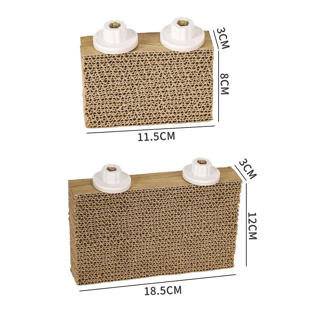 A natural corrugated bird perch stand made of wood and straw material with a perforated surface.