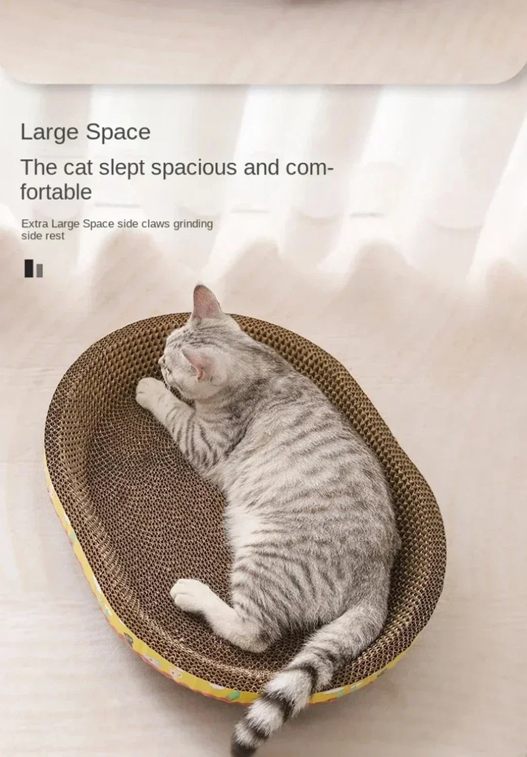 A tabby cat is resting in a large, round, woven scratching post designed for cat claws.