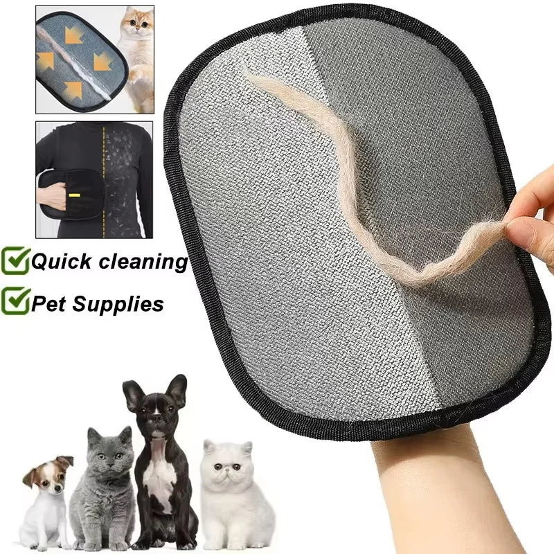 A gray pet hair removal glove is shown with various animals and cleaning features.