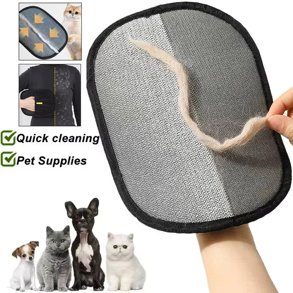 Guante gris para retirar pelo de mascotas con diversas funciones de limpieza.