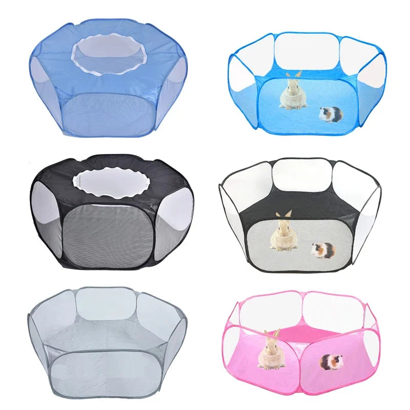 Diverses cages de jeu portables pour animaux de compagnie, pour chats et petits chiens, en bleu, noir et rose.