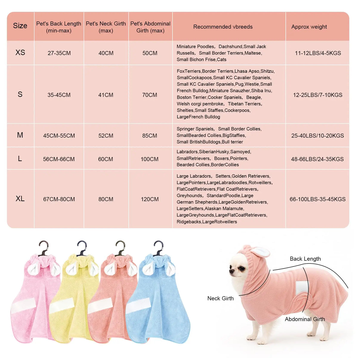 A collection of pink, yellow, and blue hooded pet bathrobes for dogs and cats displayed next to a dog wearing a pink bathrobe