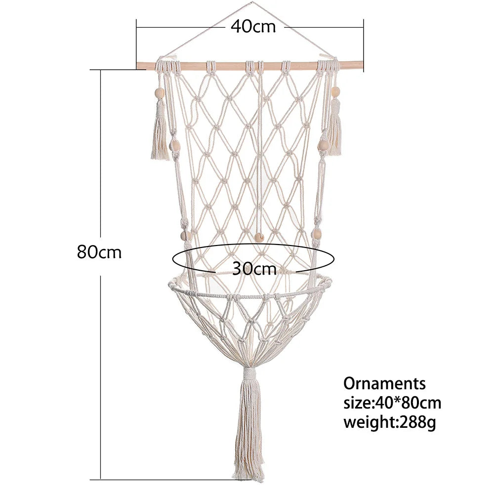 Macrame cat hammock bed for pet decor made of beige rope with tassels