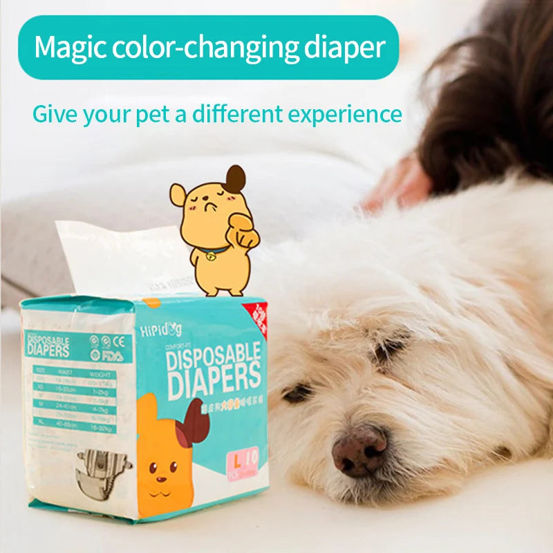 A box of magic color-changing disposable diapers for dogs next to a fluffy dog.