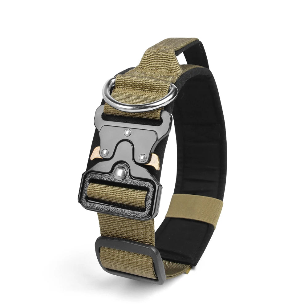 A durable tactical dog collar in olive green and black nylon with a silver buckle.