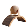A wooden cat scratching toy featuring a round sisal ball and a slanted scratching surface.