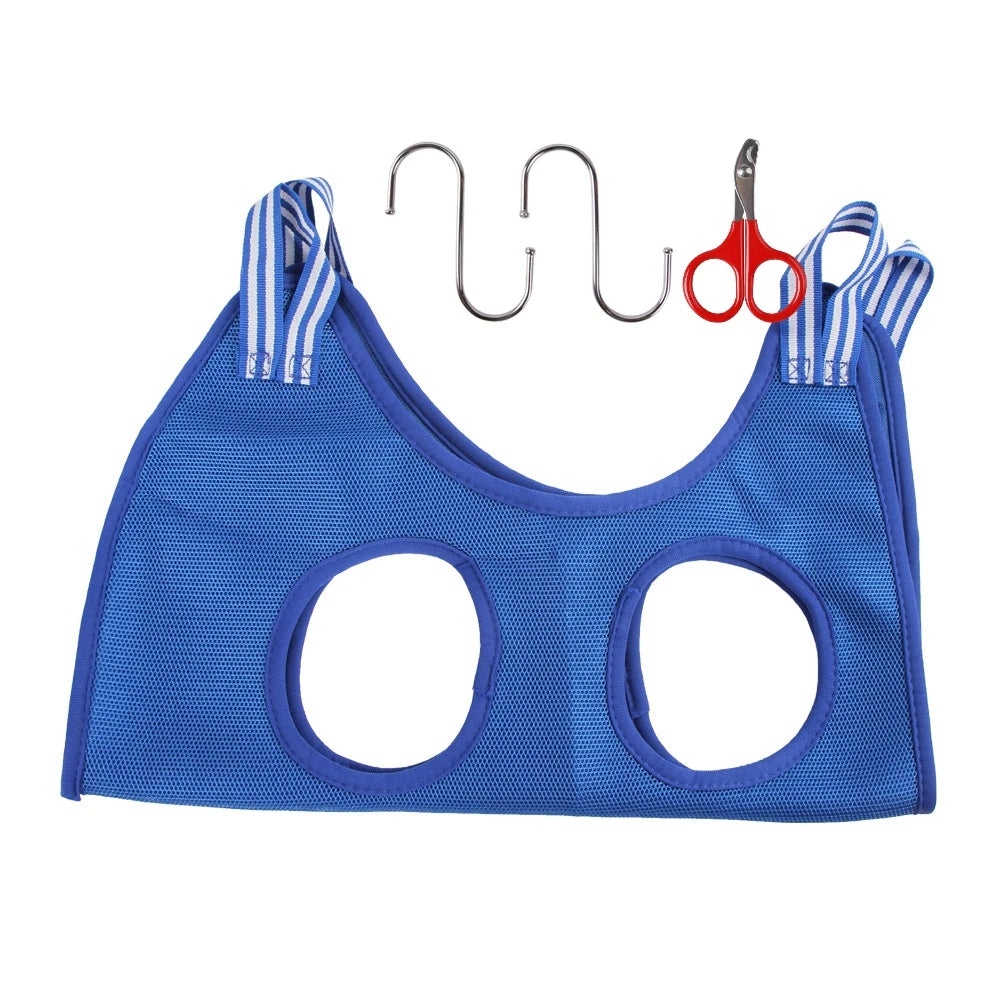 Blue pet nail trimming hammock for cats with metal clips and scissors