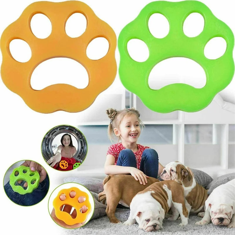 Wiederverwendbares Tierhaarentferner in orange und grün, gezeigt mit einem Hund.