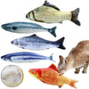 A set of five fish plush toys in various colors and shapes, including a silver, blue, and orange variety.