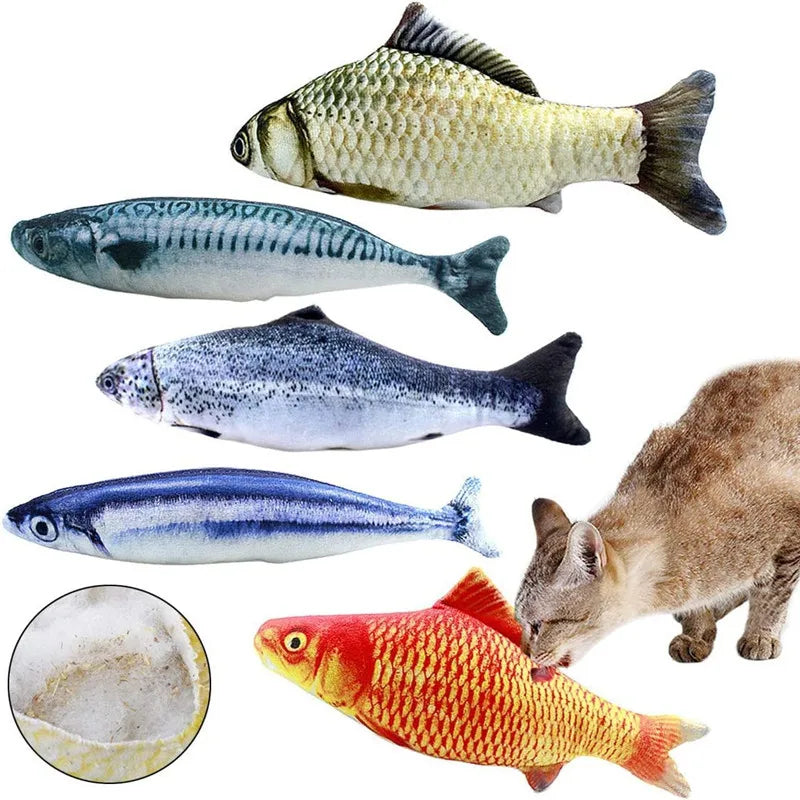A set of five fish plush toys in various colors and shapes, including a silver, blue, and orange variety.