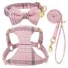 Pink plaid dog collar harness and leash set with a bow tie