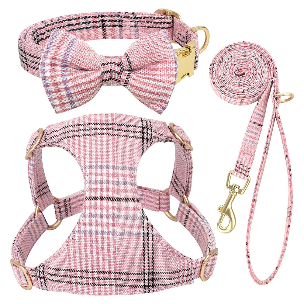 Pink plaid dog collar harness and leash set with a bow tie
