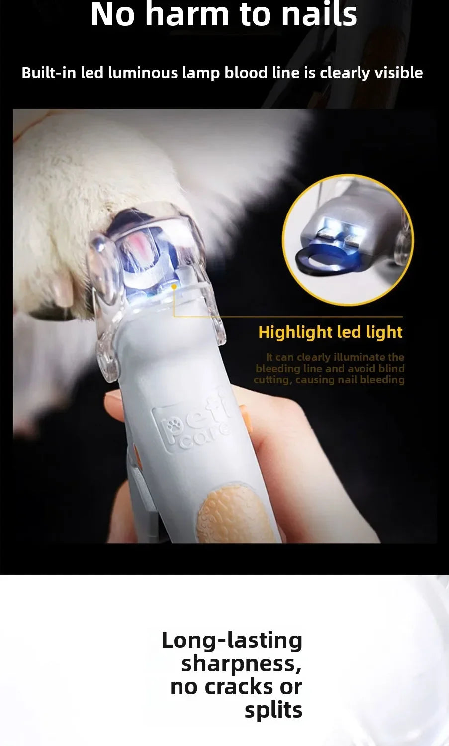 Primer plano de unas tijeras para uñas de mascota mostrando el LED incorporado que ilumina la línea de sangre para un corte s