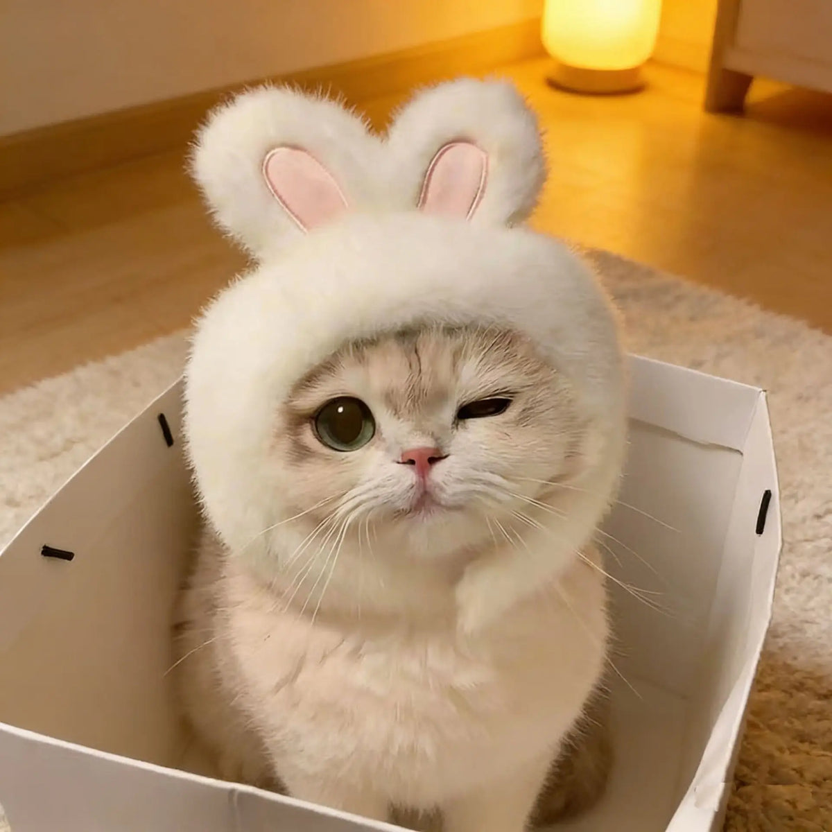 A fluffy white cat wearing a bear cap pet head cover, looking directly at the camera.