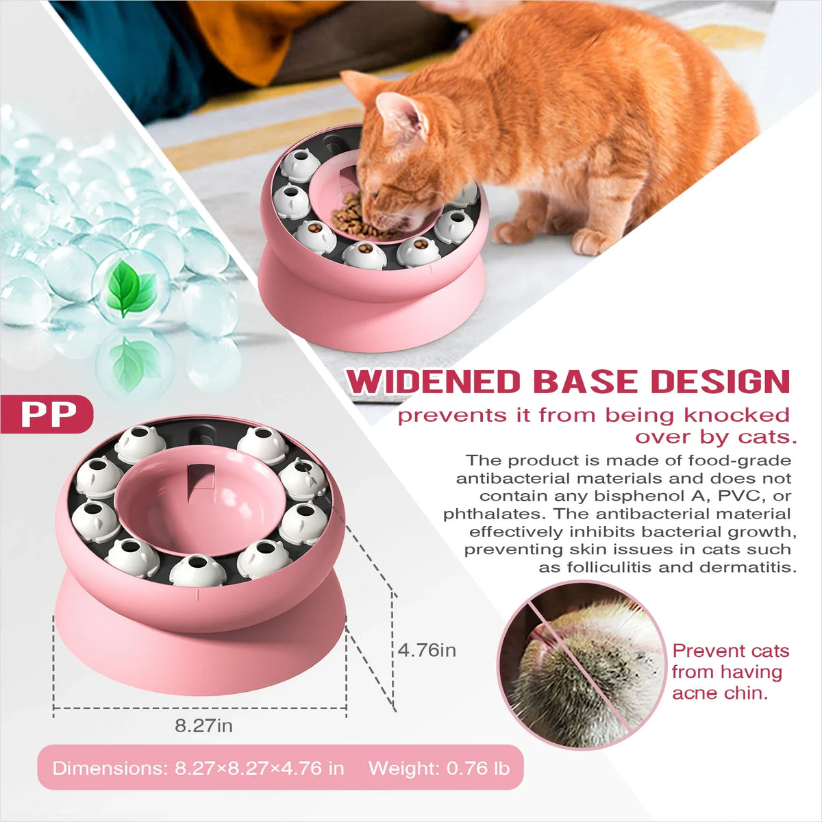 Rosa interaktive Slow-Feeder-Katzen-Puzzle-Schale mit Futtermittelpellets, um Umstoßen zu verhindern.