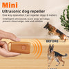 A hand holds a mini ultrasonic dog repeller device emitting sound waves near a dog.