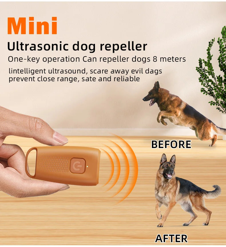 A hand holds a mini ultrasonic dog repeller device emitting sound waves near a dog.