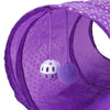 Purple collapsible cat tunnel play tube with a white ball and a purple fuzzy ball