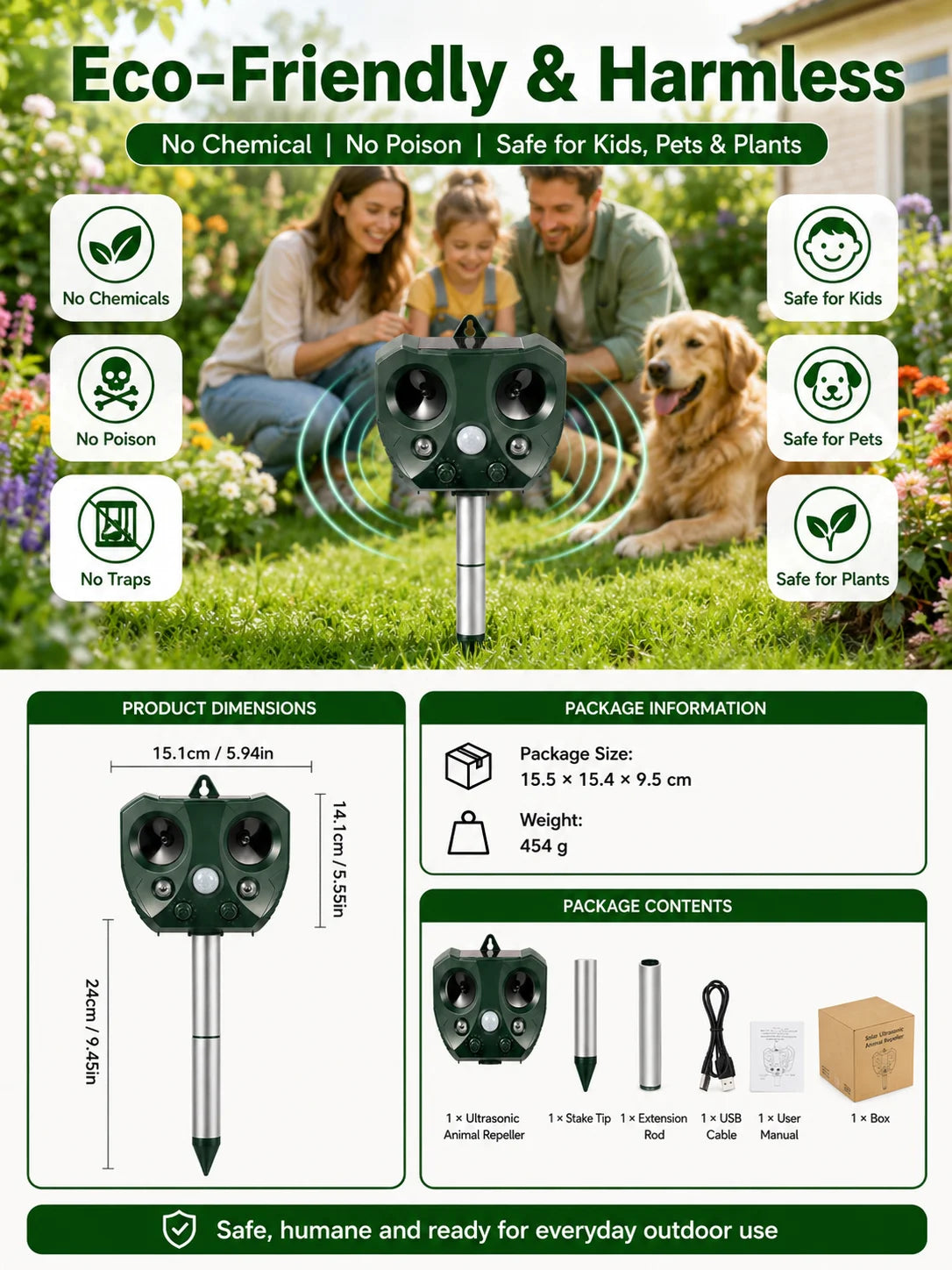 A black solar ultrasonic animal repeller with a motion sensor is shown in an outdoor garden setting.