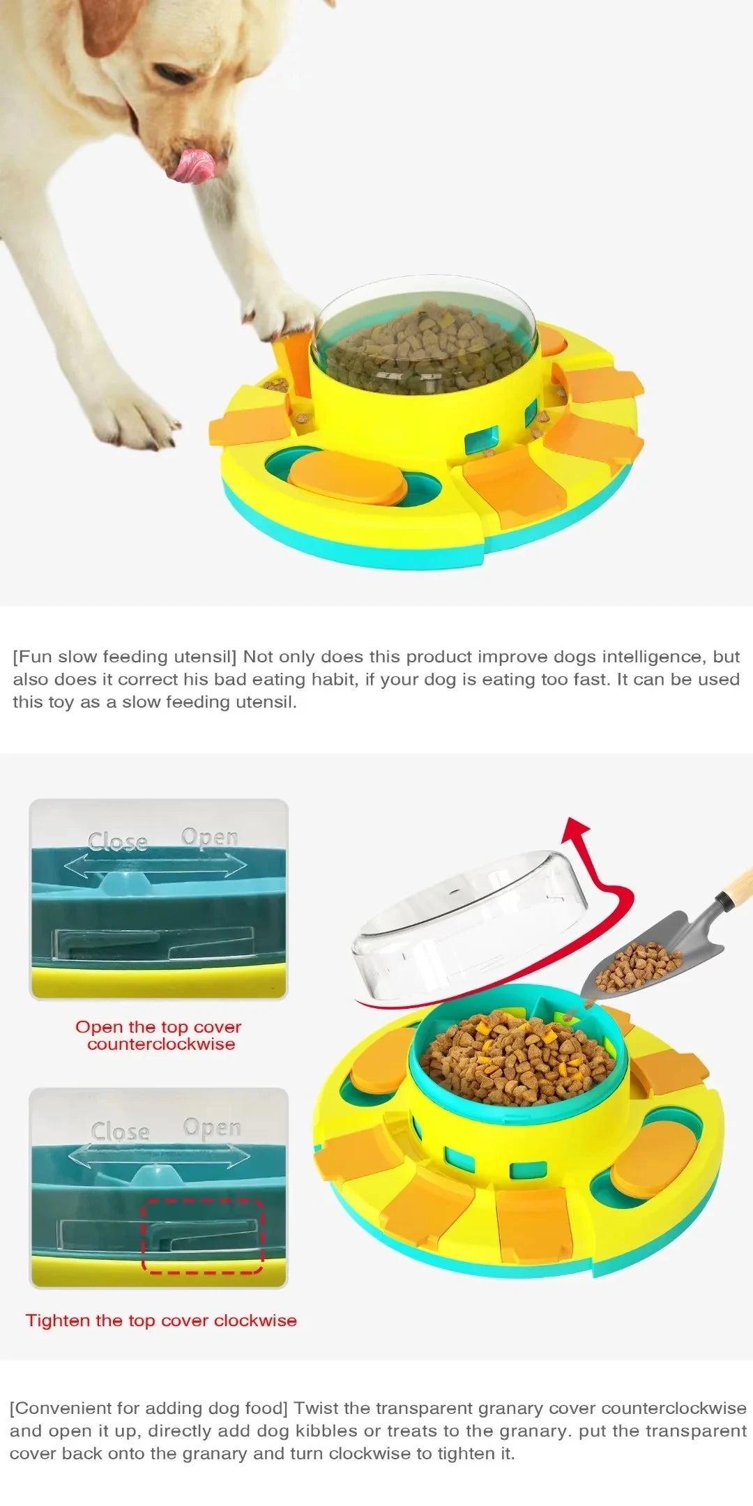 A yellow interactive dog slow feeding utensil with a transparent cover and feeder bowl.