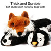A plush toy resembling a fox and a panda is shown, designed as a thick and durable dog toy.