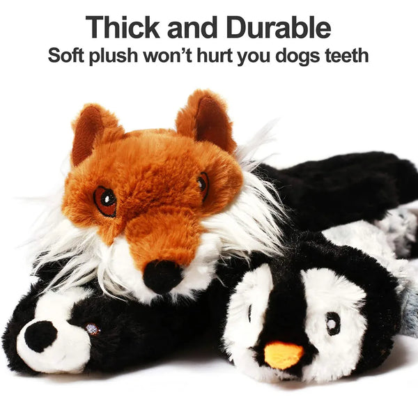 A plush toy resembling a fox and a panda is shown, designed as a thick and durable dog toy.