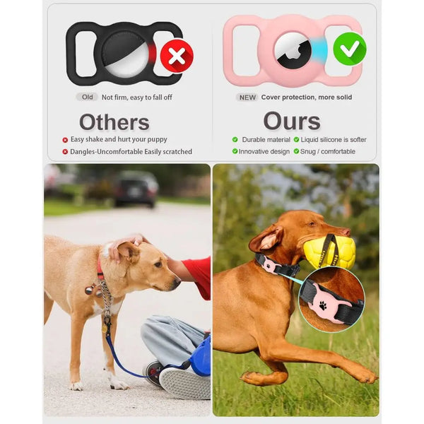 Silicone Airtag protector for pet collars shown on a dog's neck during outdoor activity.