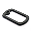 Black silicone dog tag protector muffler with a curved, oval shape.
