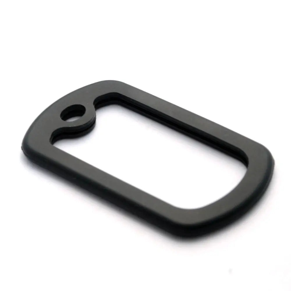 Black silicone dog tag protector muffler with a curved, oval shape.